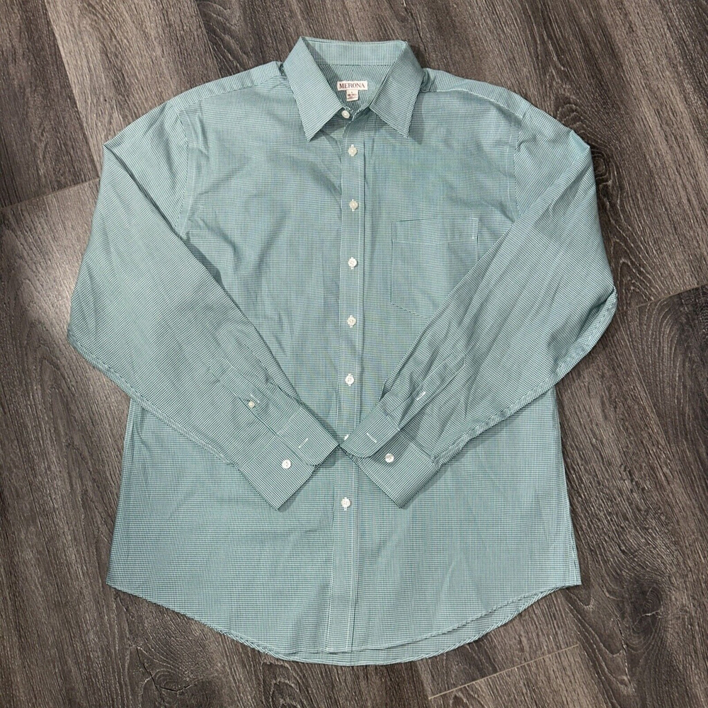 Merona Mens Large 16 16.5 Green Houndstooth Long Sleeve Shirt